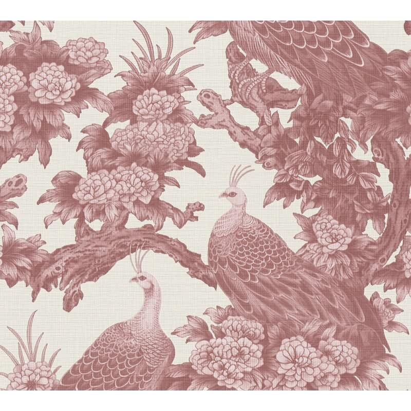 Vliestapete mit Pfauen und Blumen in Rot auf hellem Hintergrund (399824)