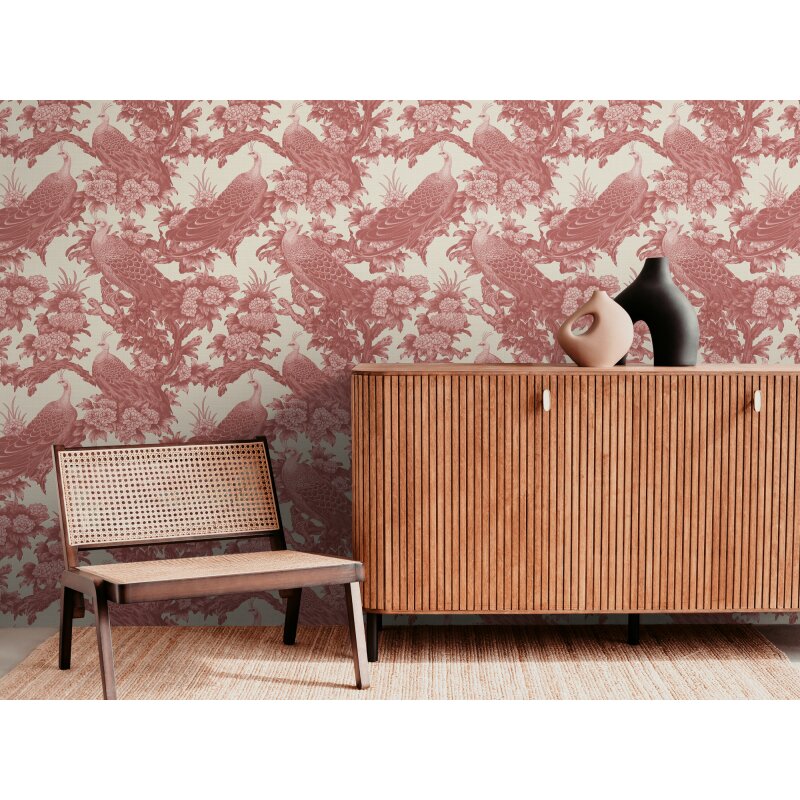 Vliestapete mit Pfauen und Blumen in Rot auf hellem Hintergrund (399824)