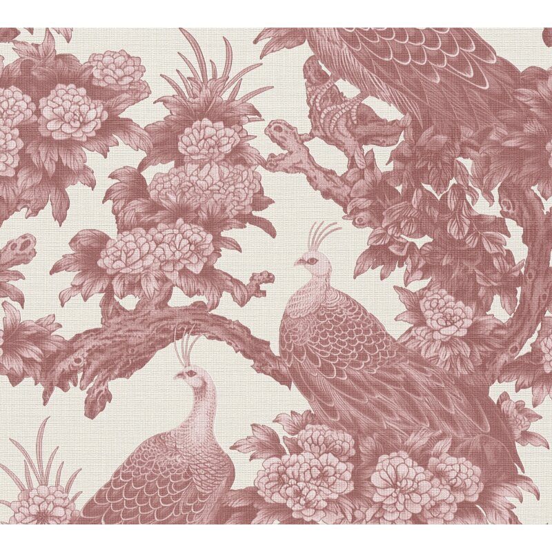 Vliestapete mit Pfauen und Blumen in Rot auf hellem Hintergrund (399824)
