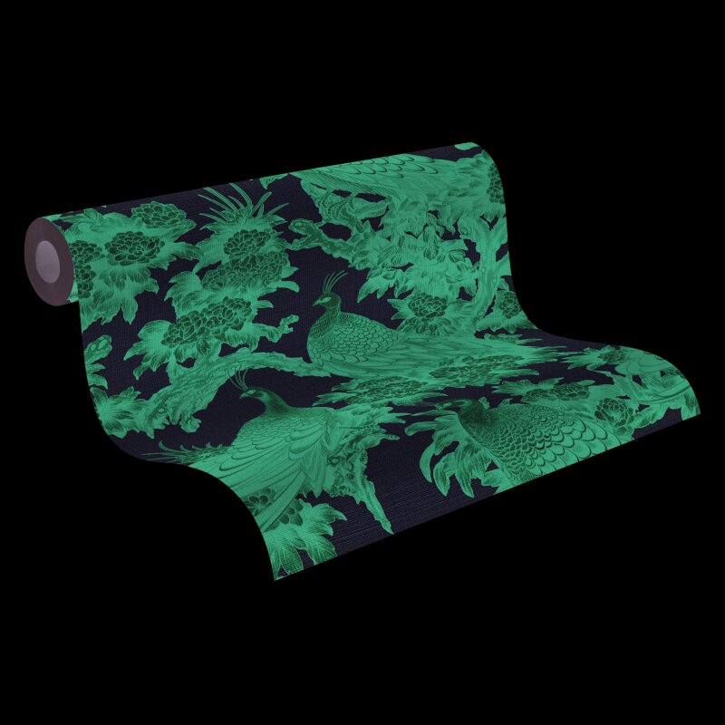 Vliestapete mit Pfauen und Blumen in Rot auf hellem Hintergrund (399824)