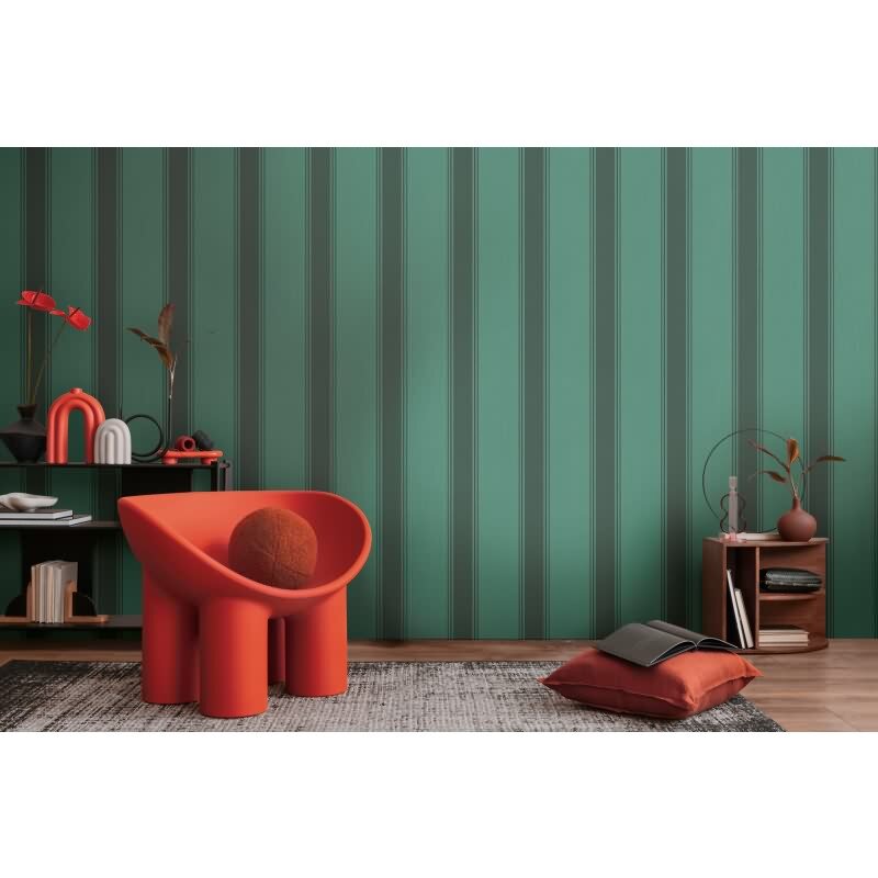 Vliestapete mit dunkelgrünen Streifen auf grünem Hintergrund (399834)