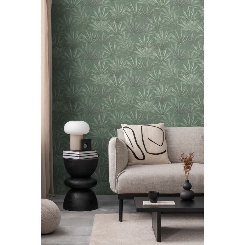Vliestapete mit großen Blättern in Grün auf grünem Hintergrund (399841)