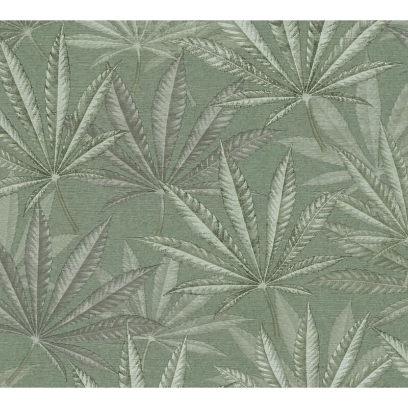 Vliestapete mit großen Blättern in Grün auf grünem Hintergrund (399841)