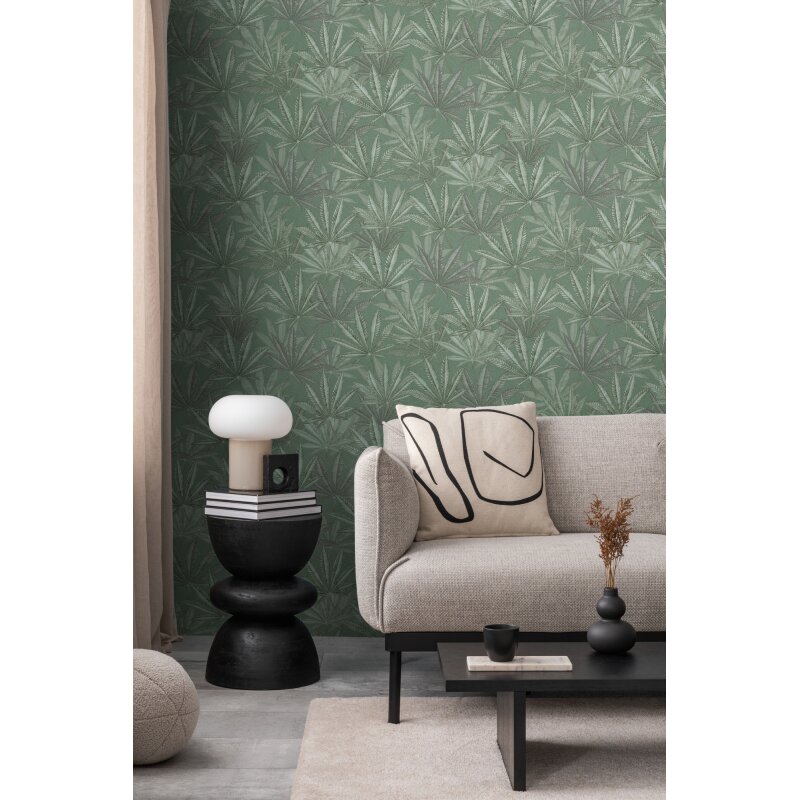 Vliestapete mit großen Blättern in Grün auf grünem Hintergrund (399841)