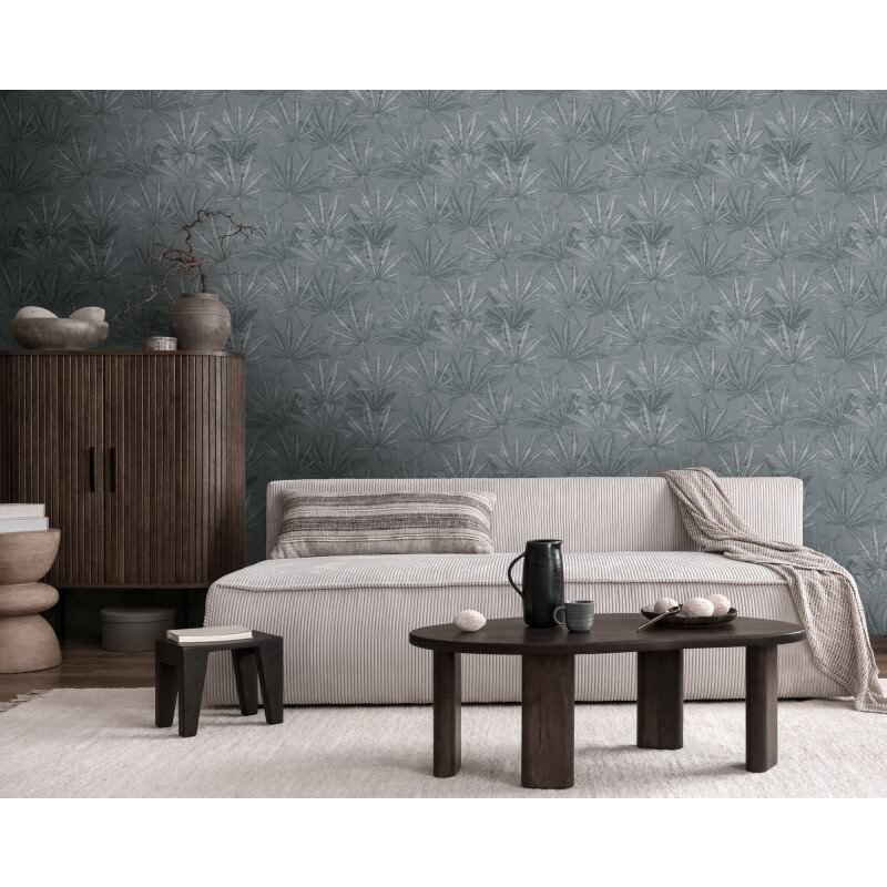 Vliestapete mit großen Blättern in Grau auf grauem Hintergrund (399842)