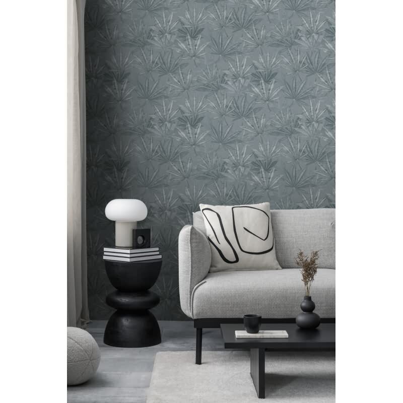 Vliestapete mit großen Blättern in Grau auf grauem Hintergrund (399842)