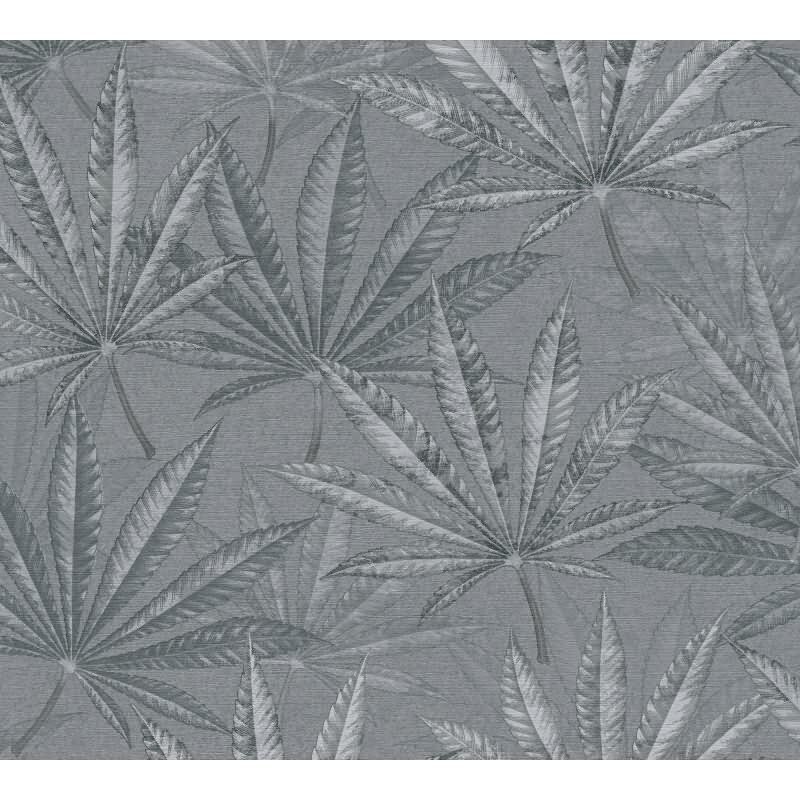 Vliestapete mit großen Blättern in Grau auf grauem Hintergrund (399842)