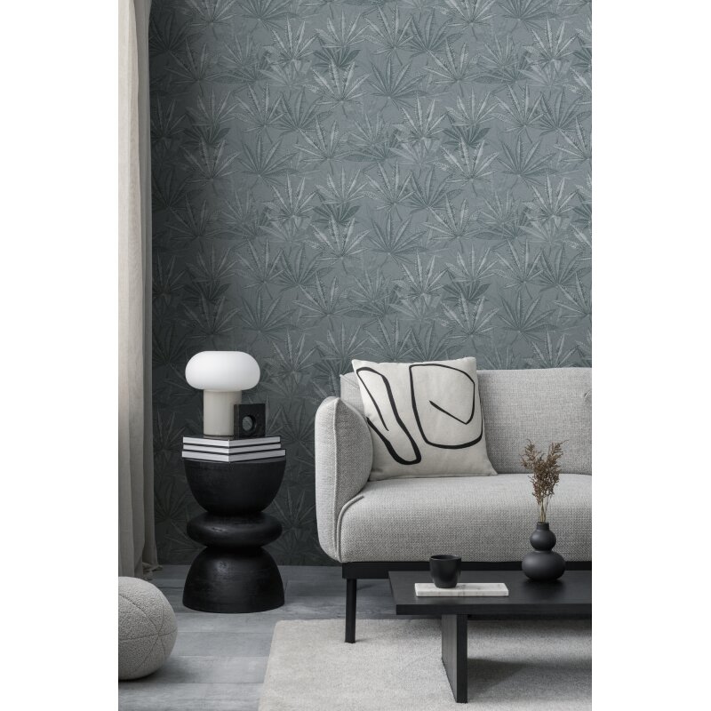 Vliestapete mit großen Blättern in Grau auf grauem Hintergrund (399842)