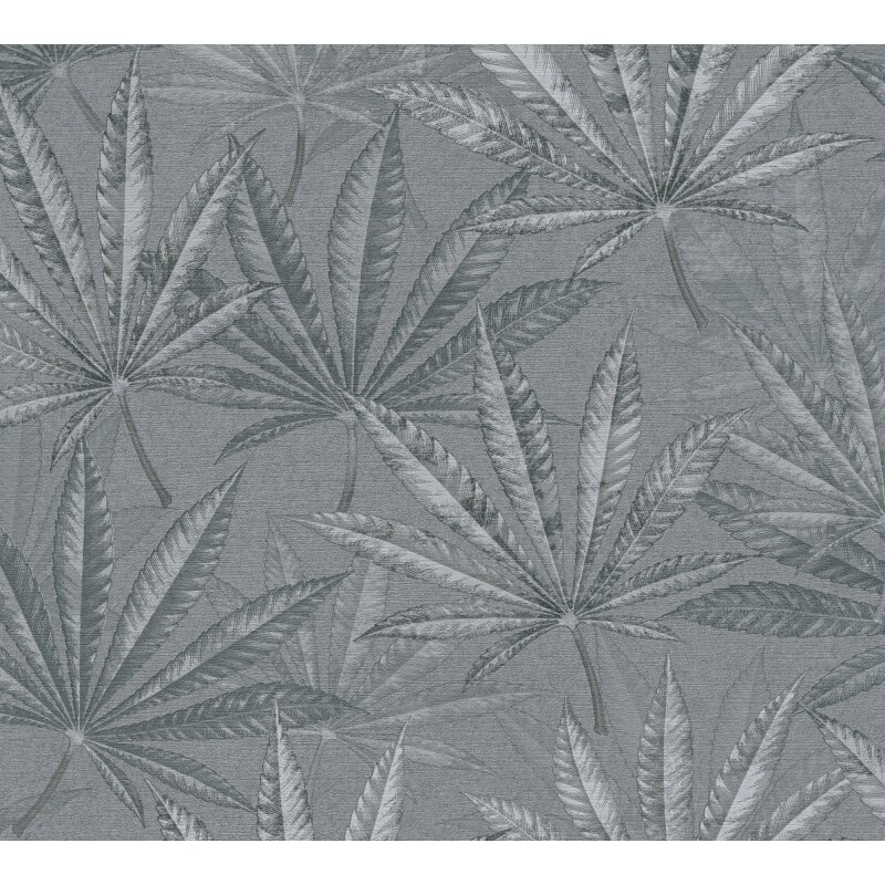 Vliestapete mit großen Blättern in Grau auf grauem Hintergrund (399842)
