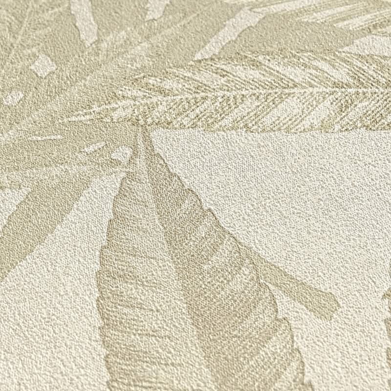 Vliestapete mit großen Blättern in Beige auf hellem Hintergrund (399843)
