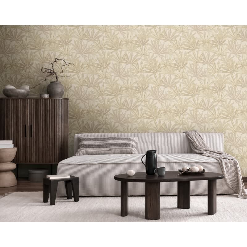 Vliestapete mit großen Blättern in Beige auf hellem Hintergrund (399843)