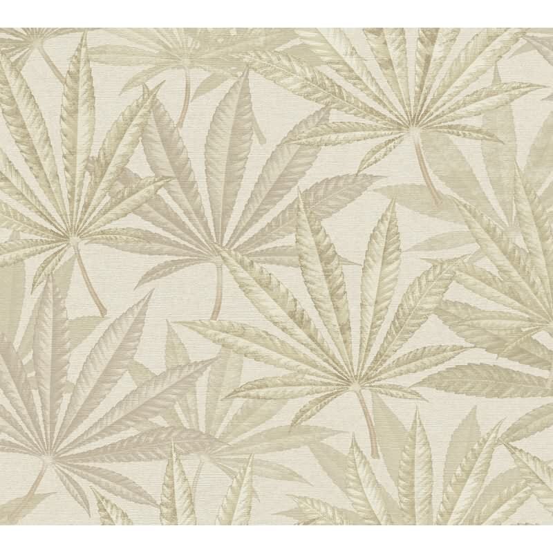 Vliestapete mit großen Blättern in Beige auf hellem Hintergrund (399843)