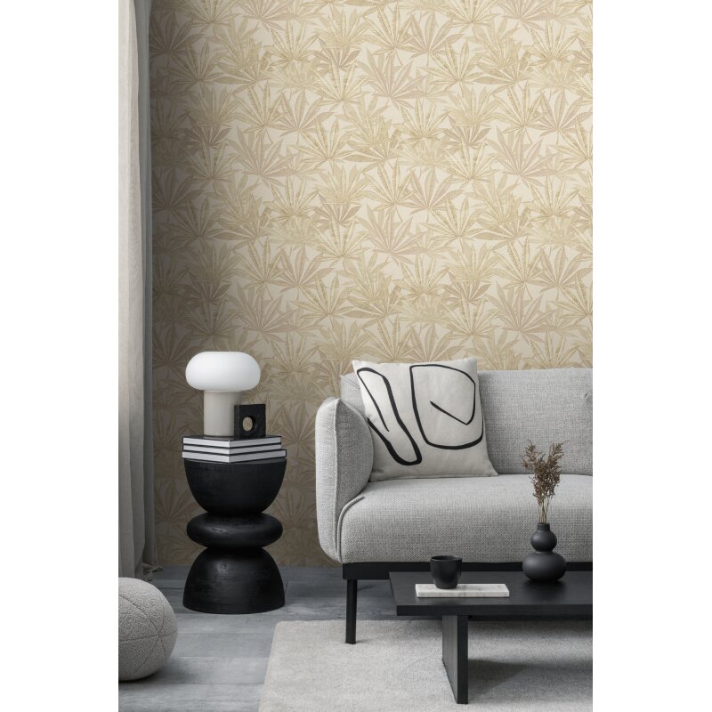 Vliestapete mit großen Blättern in Beige auf hellem Hintergrund (399843)