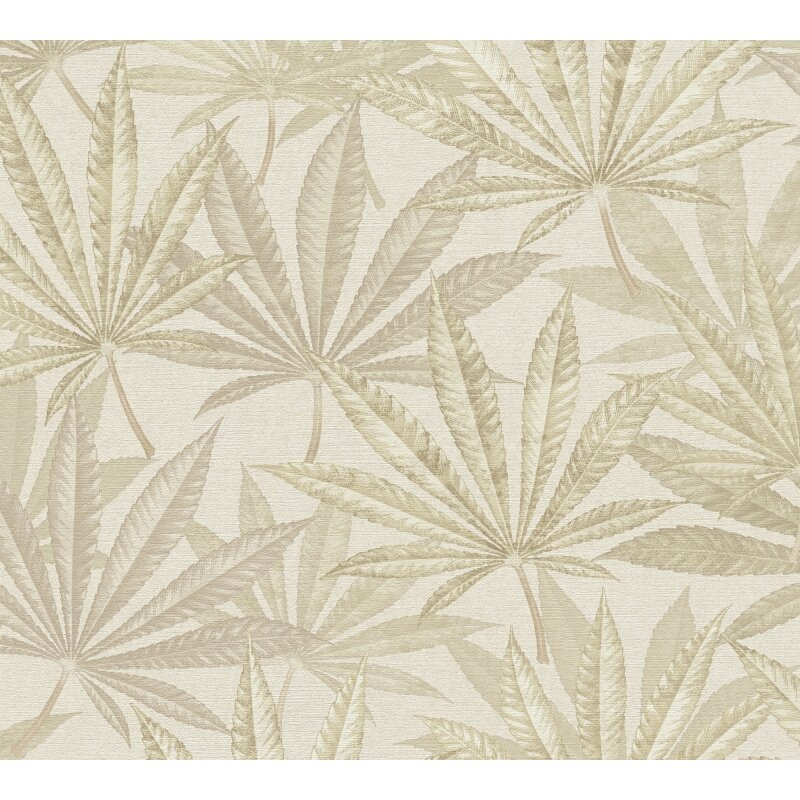 Vliestapete mit großen Blättern in Beige auf hellem Hintergrund (399843)