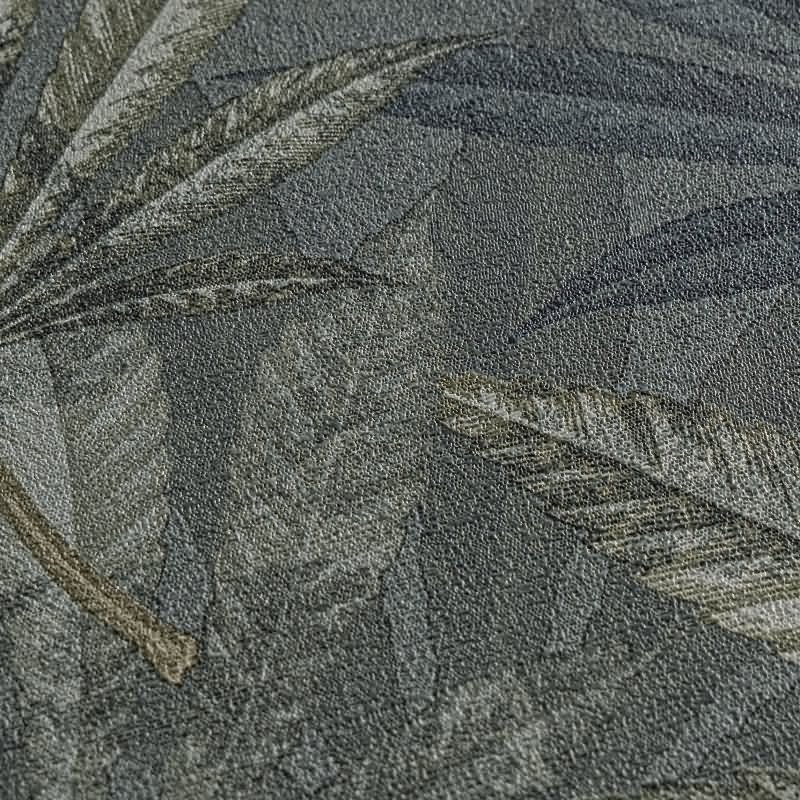 Vliestapete mit großen Blättern in Blau-Grün auf dunklem Hintergrund (399844)