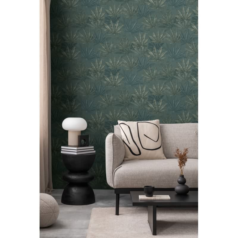 Vliestapete mit großen Blättern in Blau-Grün auf dunklem Hintergrund (399844)