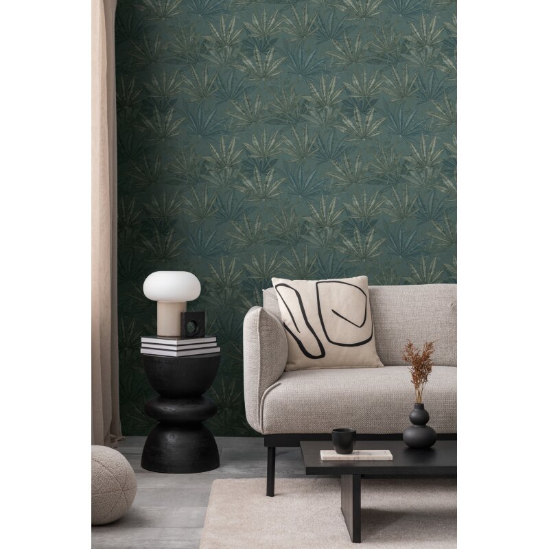 Vliestapete mit großen Blättern in Blau-Grün auf dunklem Hintergrund (399844)