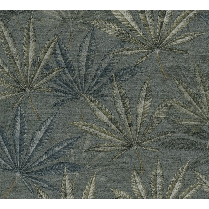 Vliestapete mit großen Blättern in Blau-Grün auf dunklem Hintergrund (399844)