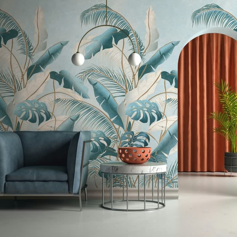 Fototapete Blumen, Blätter Floral Vliestapete Natur, Dschungel matt in Blau für Wohnzimmer, Schlafzimmer, Büro (42221)