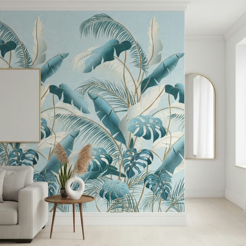 Fototapete Blumen, Blätter Floral Vliestapete Natur, Dschungel matt in Blau für Wohnzimmer, Schlafzimmer, Büro (42221)