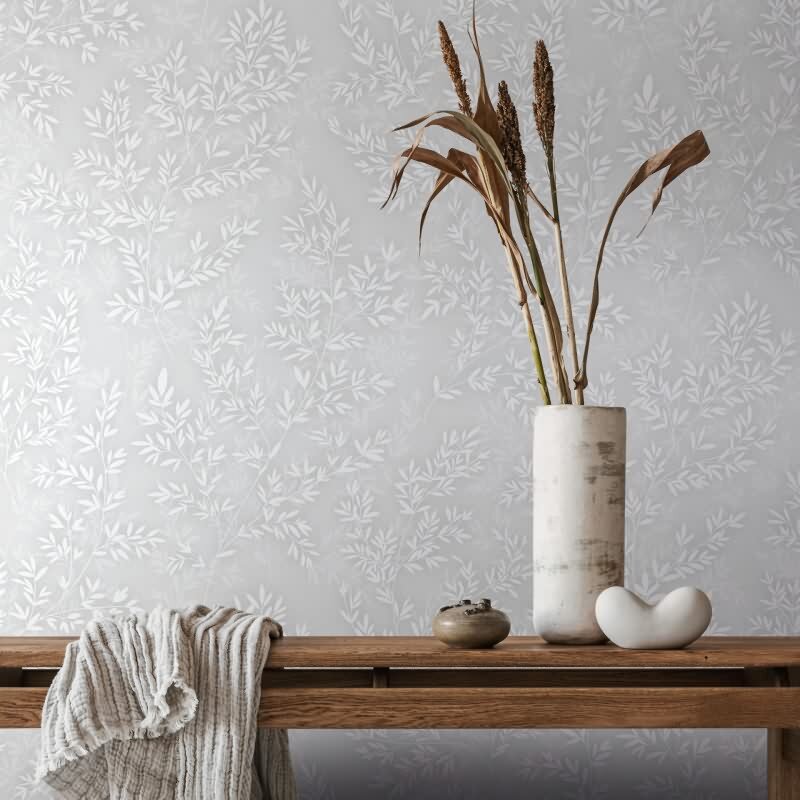 Vliestapete Blätter Floral Natur matt in Grau für Wohnzimmer, Schlafzimmer, Küche (89025)