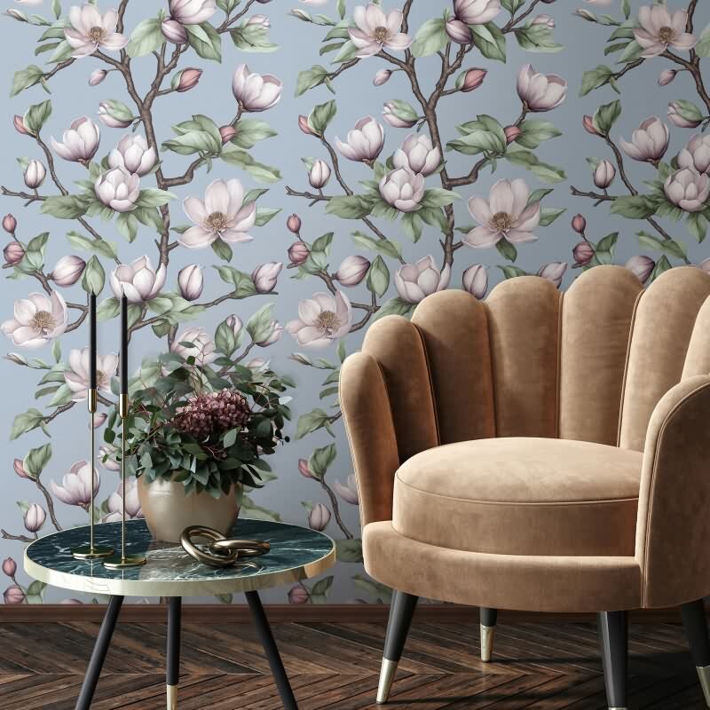 Vliestapete Äste, Blumen Floral Natur matt in Blau für Wohnzimmer, Schlafzimmer, Küche (89036)