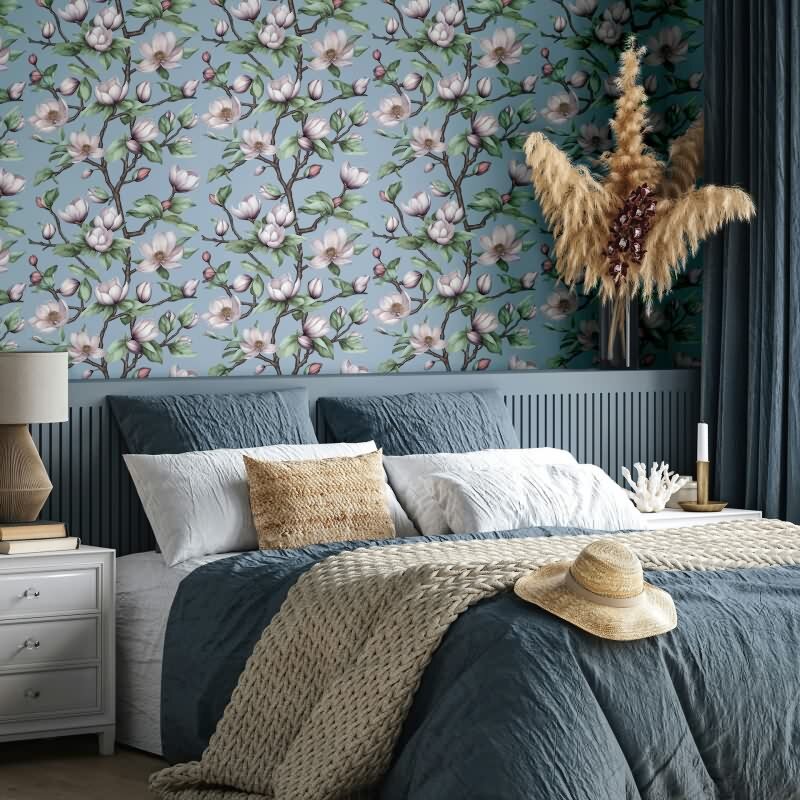 Vliestapete Äste, Blumen Floral Natur matt in Blau für Wohnzimmer, Schlafzimmer, Küche (89036)