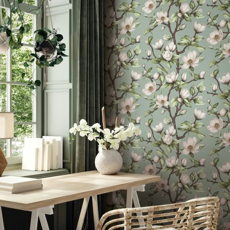 Vliestapete Äste, Blumen Floral Natur matt in Grün für Wohnzimmer, Schlafzimmer, Küche (89037)