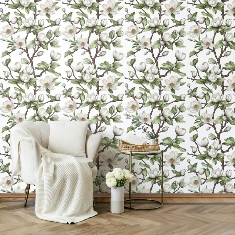 Vliestapete Äste, Blumen Floral Natur matt in Weiß für Wohnzimmer, Schlafzimmer, Küche (89038)