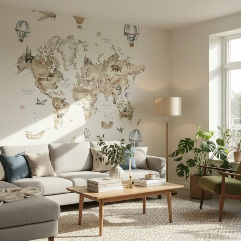 Fototapete Weltkarte Grafisch Kinder, Vliestapete Klassisch matt in Beige für Wohnzimmer, Schlafzimmer, Büro (96469)