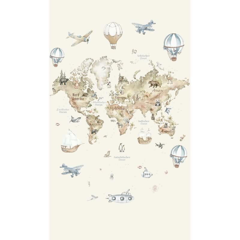 Fototapete Weltkarte Grafisch Kinder, Vliestapete Klassisch matt in Beige für Wohnzimmer, Schlafzimmer, Büro (96469)