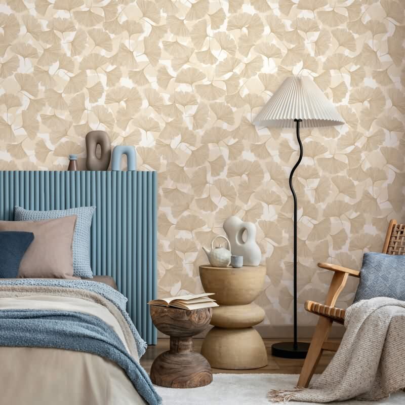 Vliestapete 3D, Blätter Floral Natur matt in Beige für Wohnzimmer, Schlafzimmer, Büro (35784)