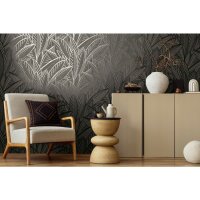 Vliestapete Bl&auml;tter Schwarz Grau &ndash; Floral...