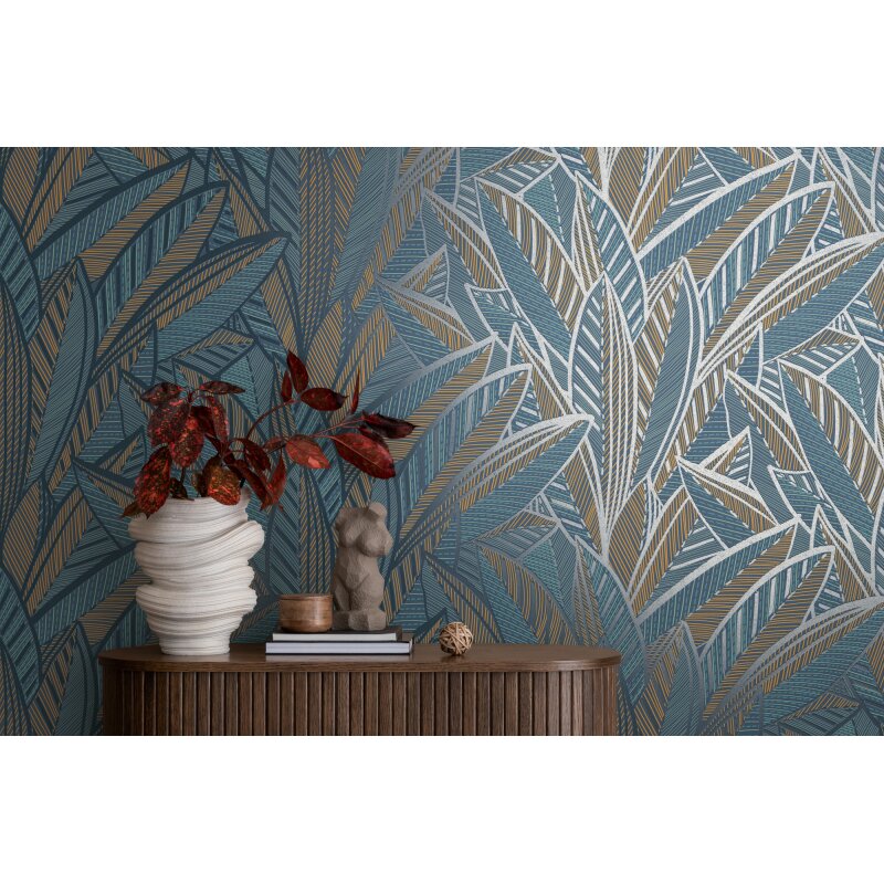 Vliestapete Blätter Blau Gelb – Floral & Glänzend AS Creation (399335)