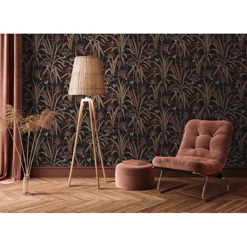 Vliestapete Blätter Schwarz Rot Metallic – Ausdrucksstark & Elegant AS Creation (399364)
