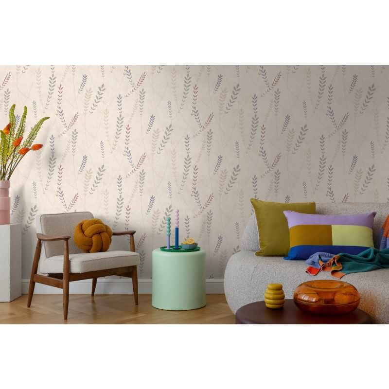 Vliestapete – zarte Blätterranken in Beige, Blau & Grau AS Creation (791463)