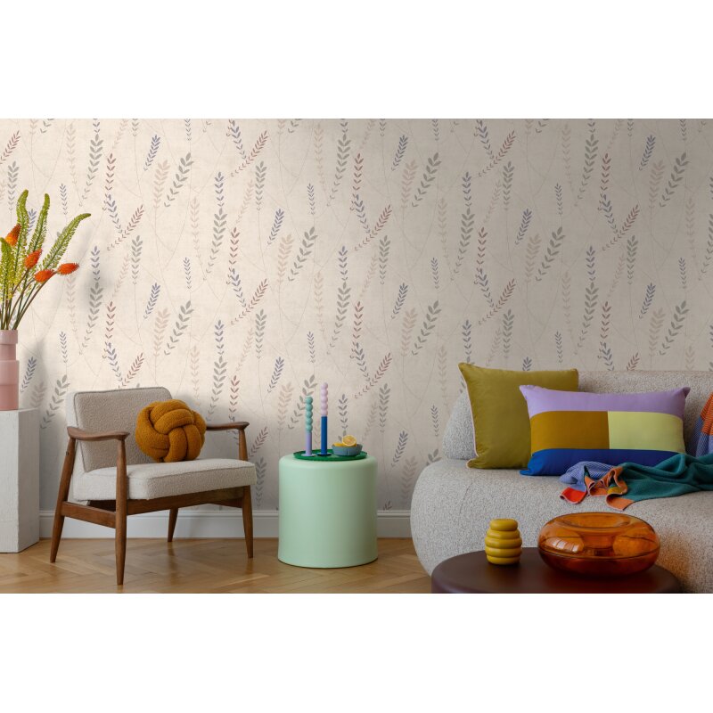 Vliestapete – zarte Blätterranken in Beige, Blau & Grau AS Creation (791463)