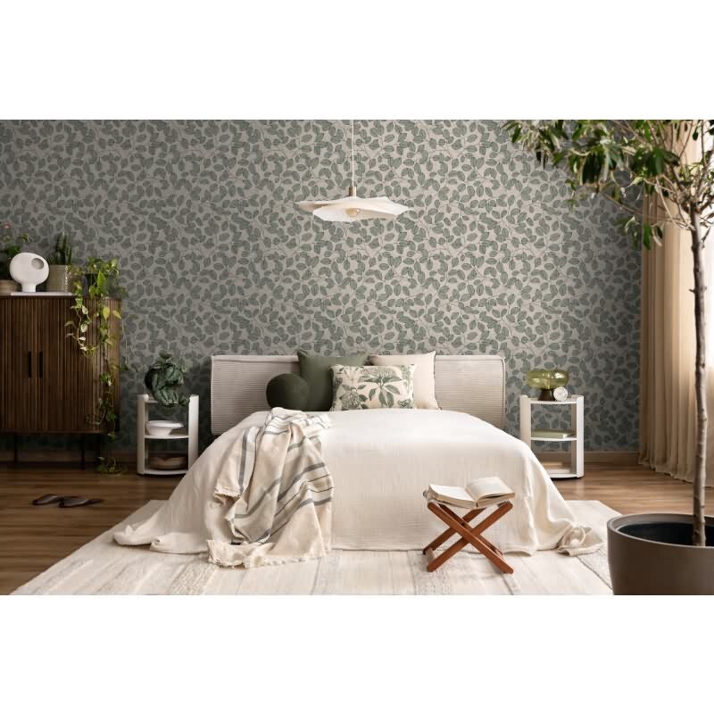 Vliestapete – grüne Blätter auf cremefarbenem Hintergrund AS Creation (791481)