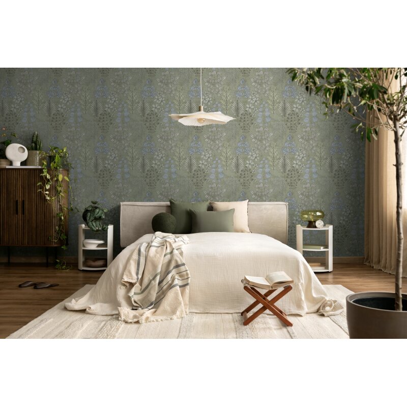 Vliestapete Grün/Blau mit skandinavischem Blättermix AS Creation (791491)