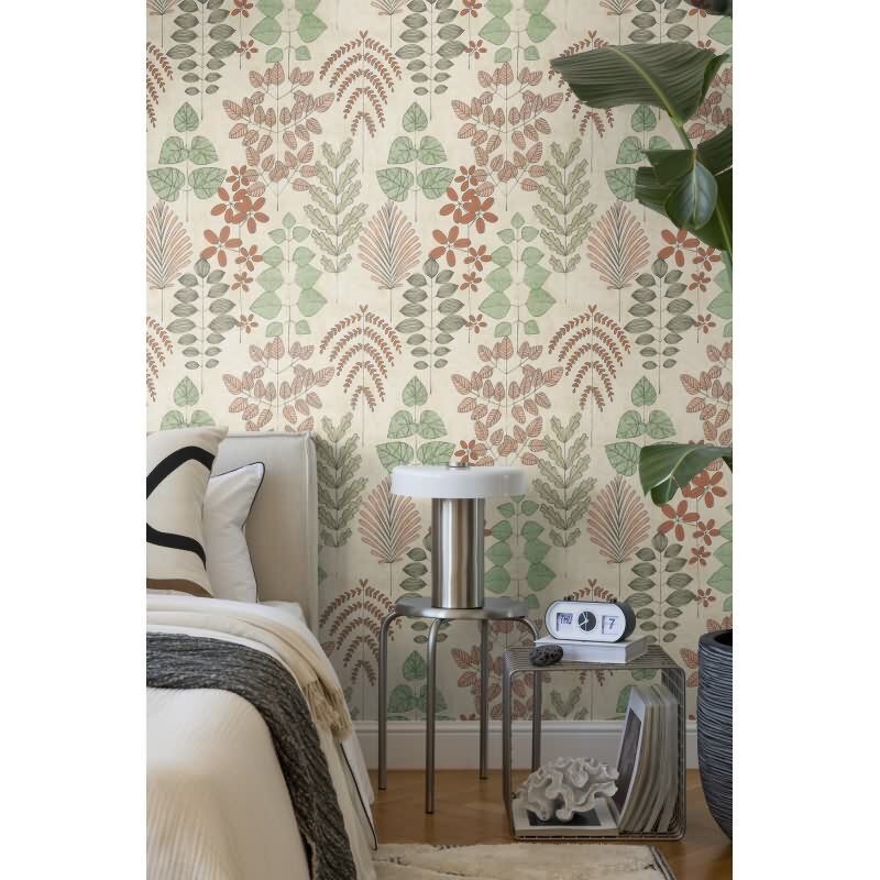 Vliestapete Beige mit grün-rotem skandinavischem Blättermuster AS Creation (791492)