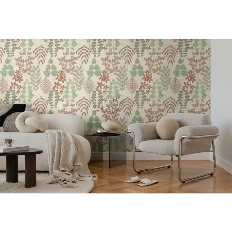 Vliestapete Beige mit grün-rotem skandinavischem Blättermuster AS Creation (791492)