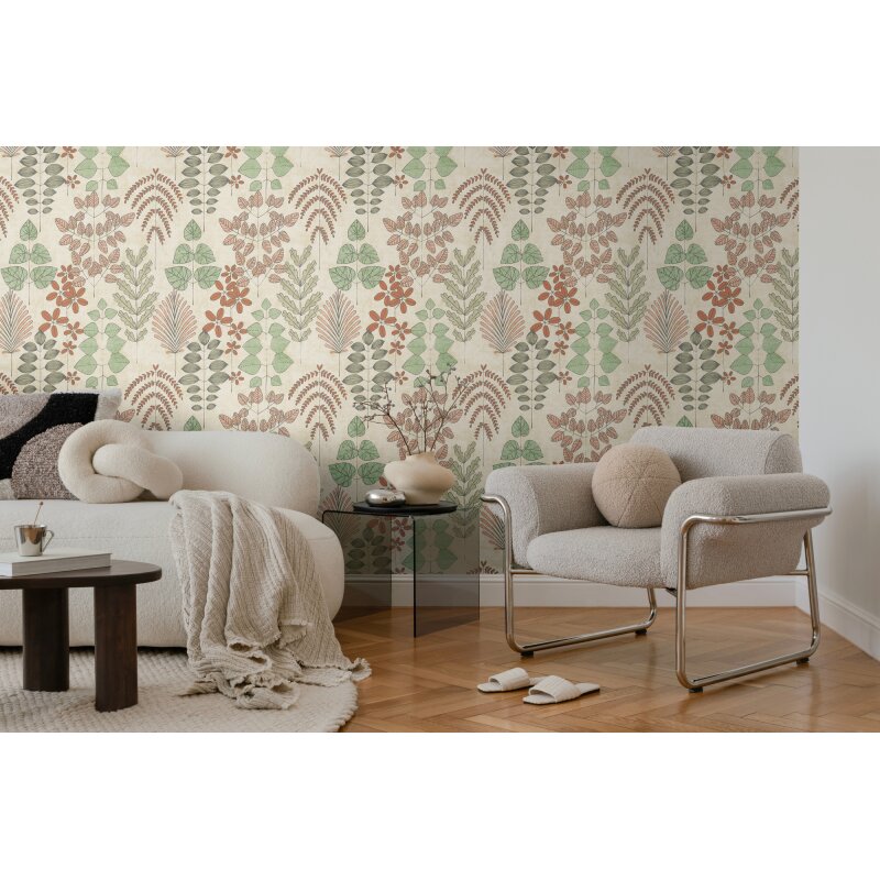 Vliestapete Beige mit grün-rotem skandinavischem Blättermuster AS Creation (791492)