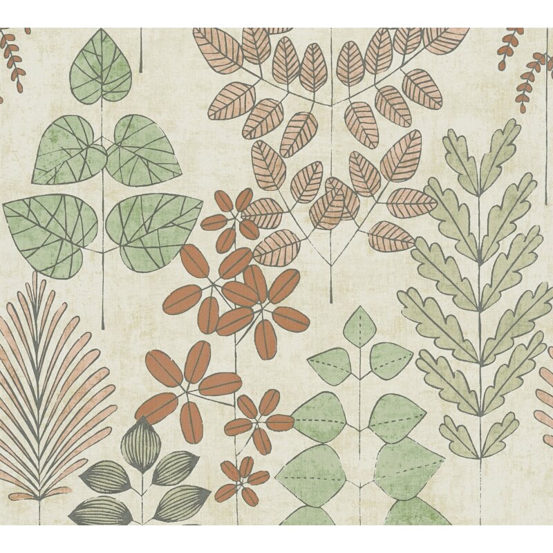 Vliestapete Beige mit grün-rotem skandinavischem Blättermuster AS Creation (791492)