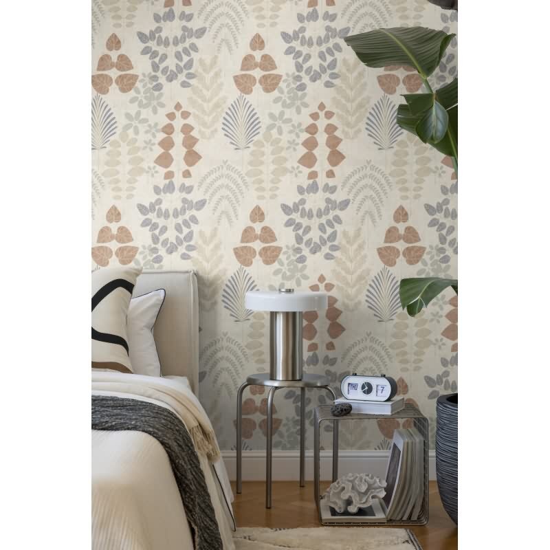 Vliestapete Beige mit blau-braunem skandinavischem Blättermuster AS Creation (791493)