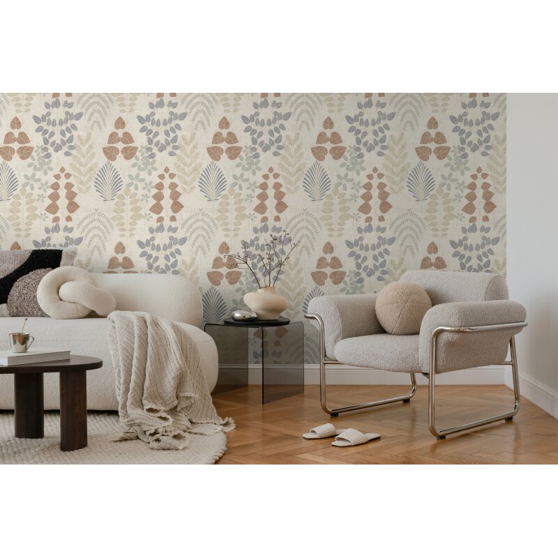 Vliestapete Beige mit blau-braunem skandinavischem Blättermuster AS Creation (791493)