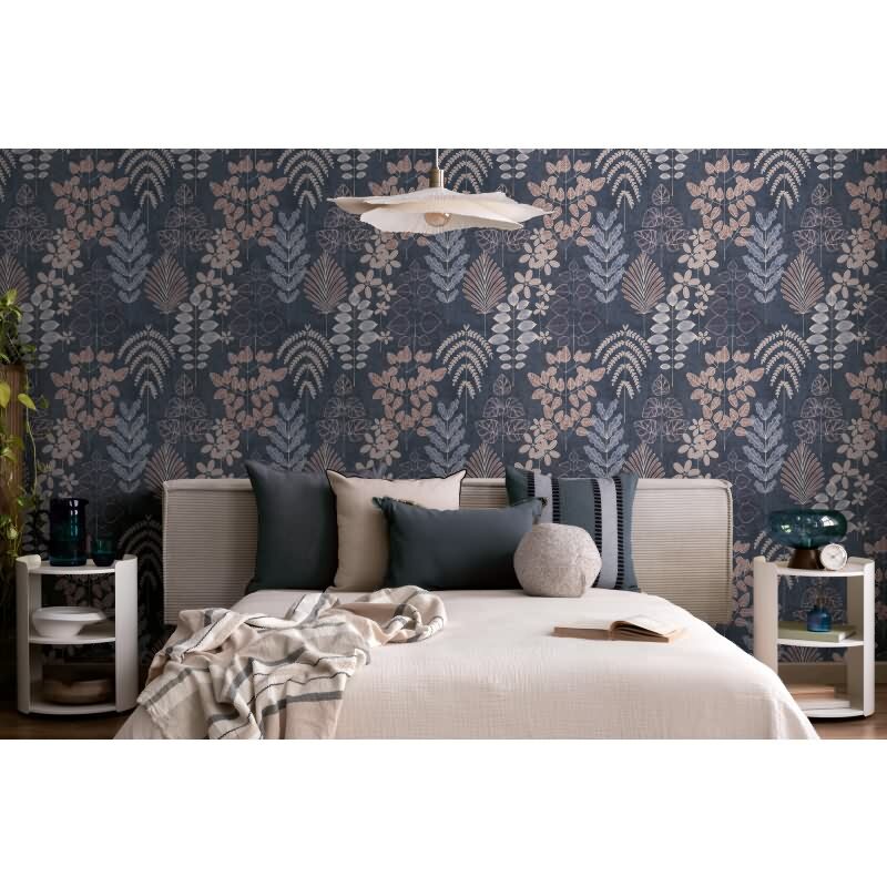 Vliestapete Dunkelblau mit lila-rosé skandinavischem Blattmix AS Creation (791494)