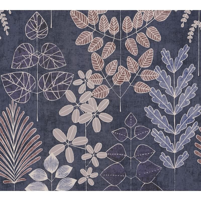 Vliestapete Dunkelblau mit lila-rosé skandinavischem Blattmix AS Creation (791494)