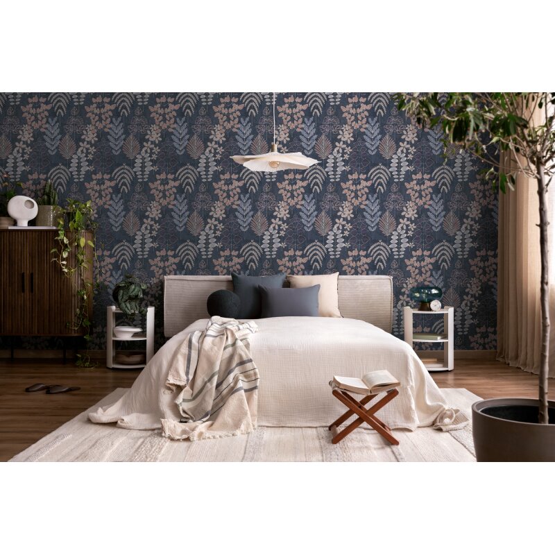 Vliestapete Dunkelblau mit lila-rosé skandinavischem Blattmix AS Creation (791494)