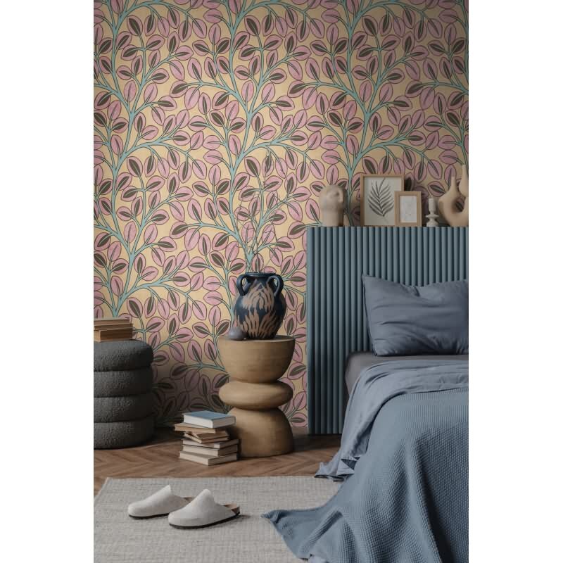 Vliestapete Gelb/Rosa mit modernem Ast- und Blattmotiv AS Creation (791504)