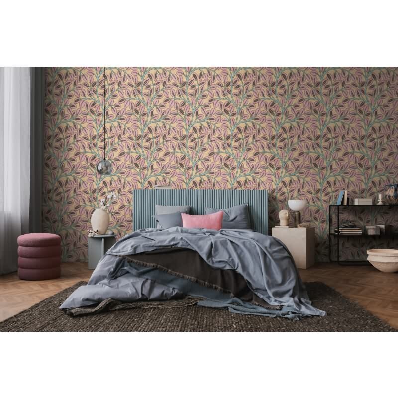 Vliestapete Gelb/Rosa mit modernem Ast- und Blattmotiv AS Creation (791504)